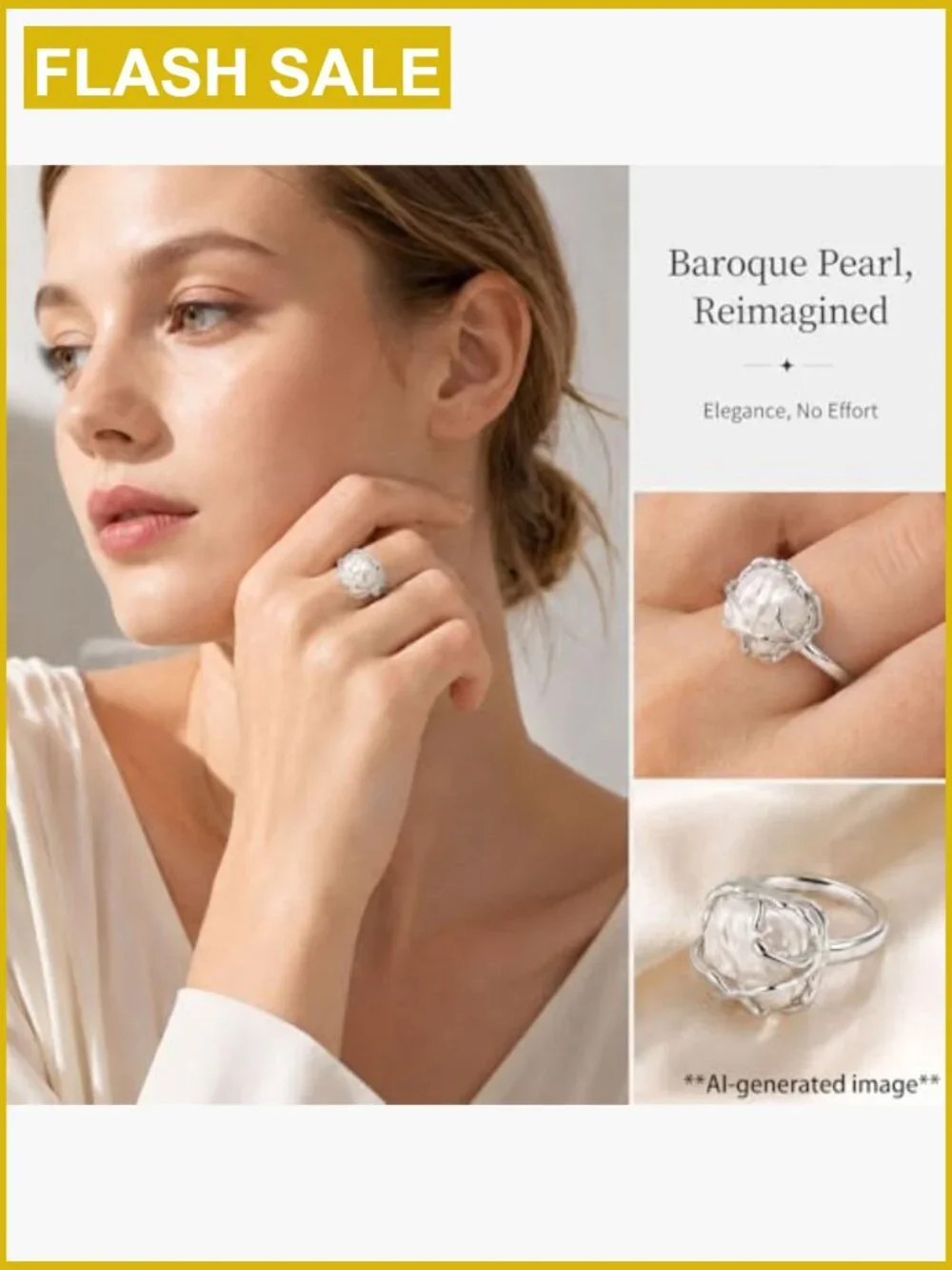 Irregular Baroque Pearl Silver Statement Ring - Adjustable Women's Jewelry